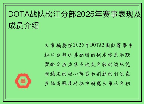 DOTA战队松江分部2025年赛事表现及成员介绍