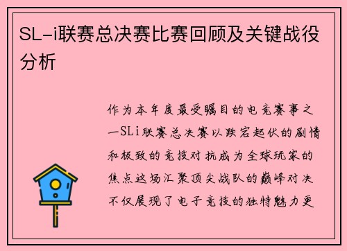 SL-i联赛总决赛比赛回顾及关键战役分析